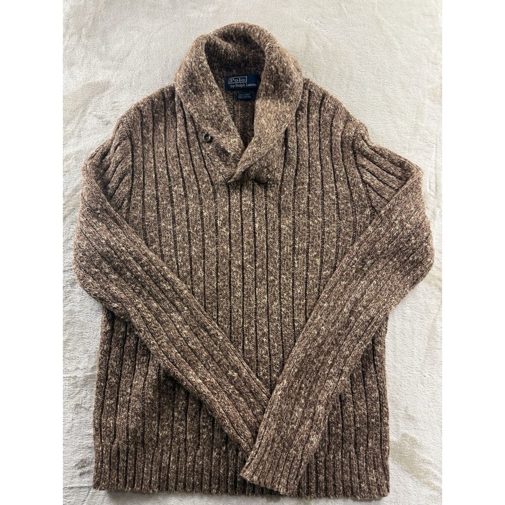 Polo Ralph Lauren Men’s Large Fisherman Linen Cotton Brown Shawl Knit Sweater